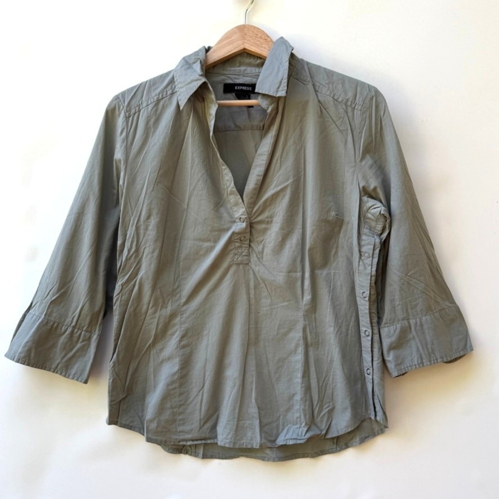 Express‎ Womens Large Side Snap Collar 90s Y2K 3/4 Sleeve Olive Gray Blouse Top
